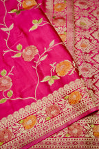 Fuchsia Pink Banarasi Satin Saree with brush work