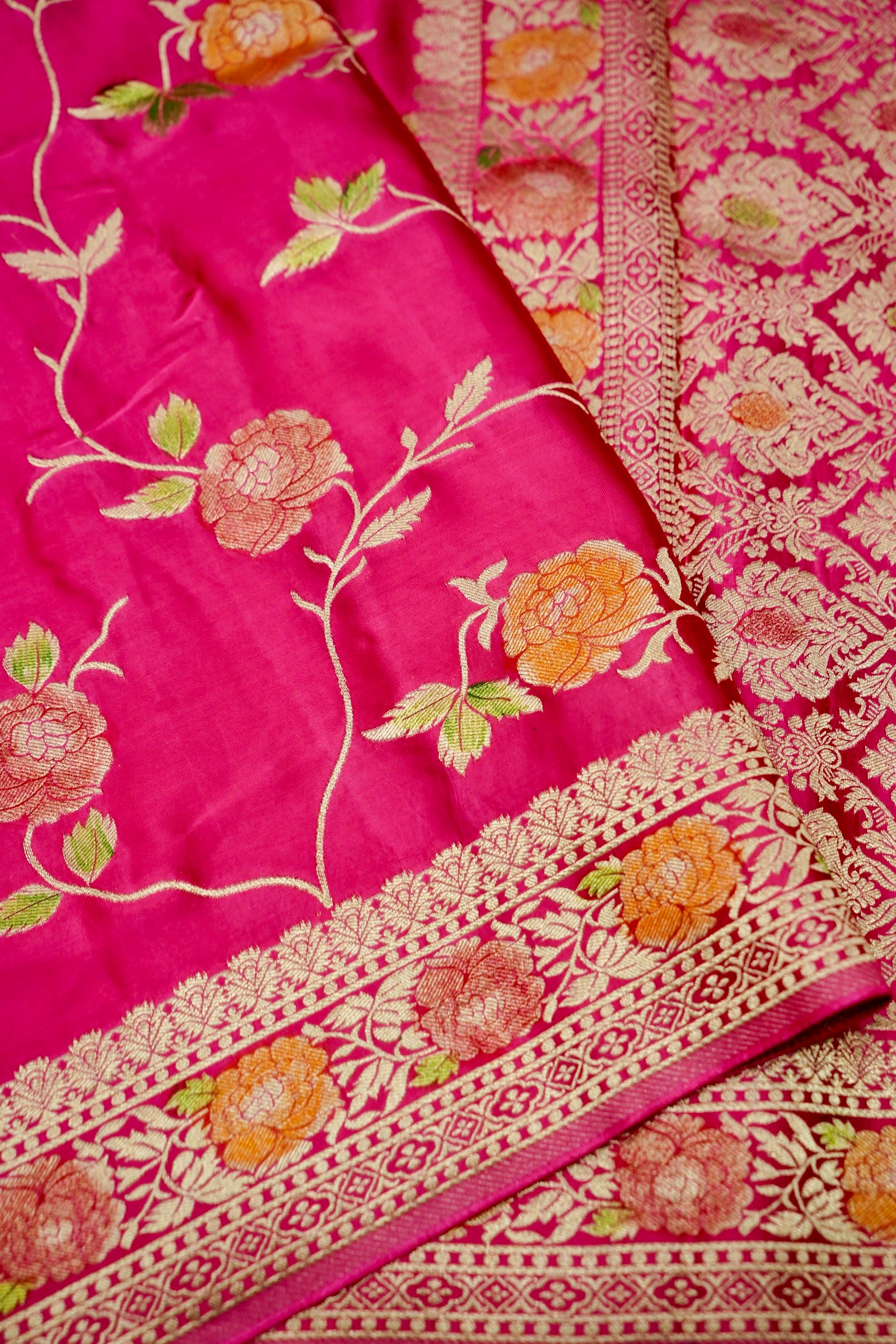Fuchsia Pink Banarasi Satin Saree with brush work