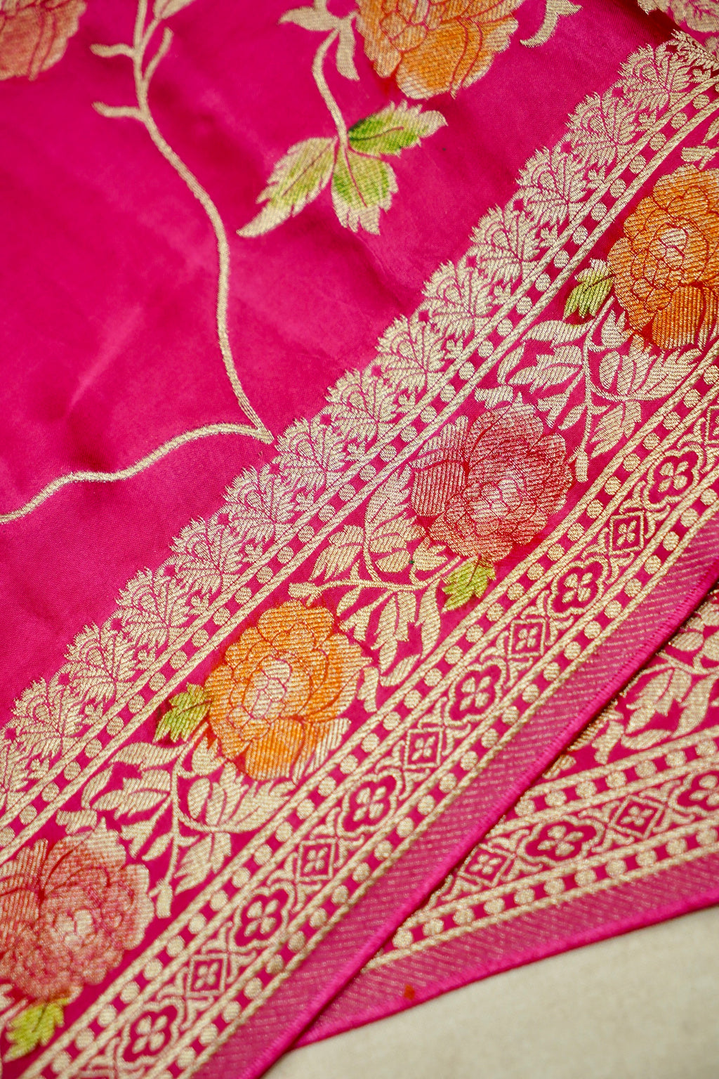 Fuchsia Pink Banarasi Satin Saree with brush work