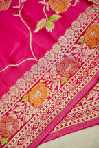 Fuchsia Pink Banarasi Satin Saree with brush work