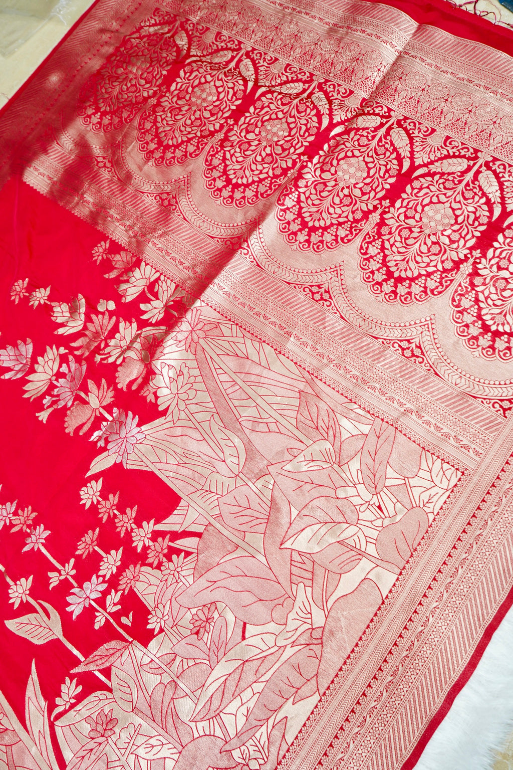 Rani Red Floral Banarasee Georgette Saree