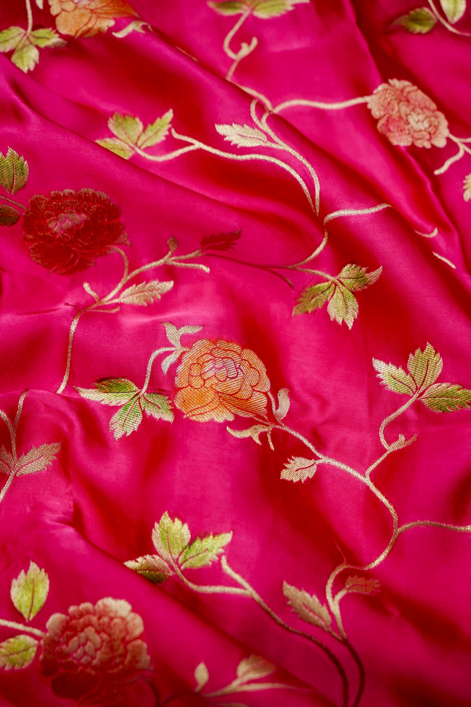 Fuchsia Pink Banarasi Satin Saree with brush work