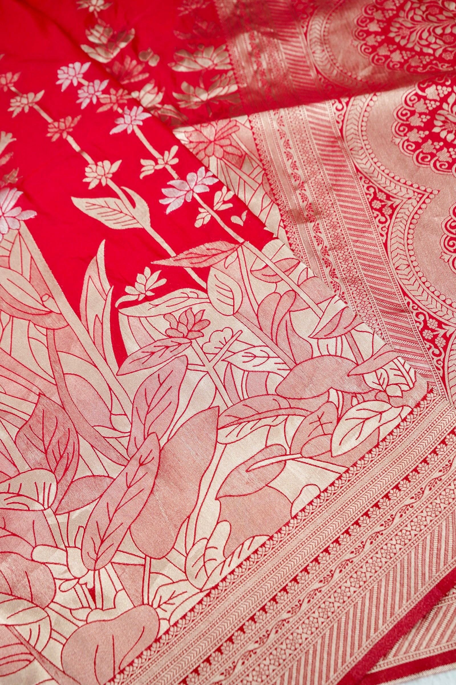 Rani Red Floral Banarasee Georgette Saree