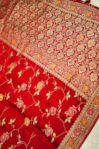 Crimson Red Banarasi Satin Saree with brush work