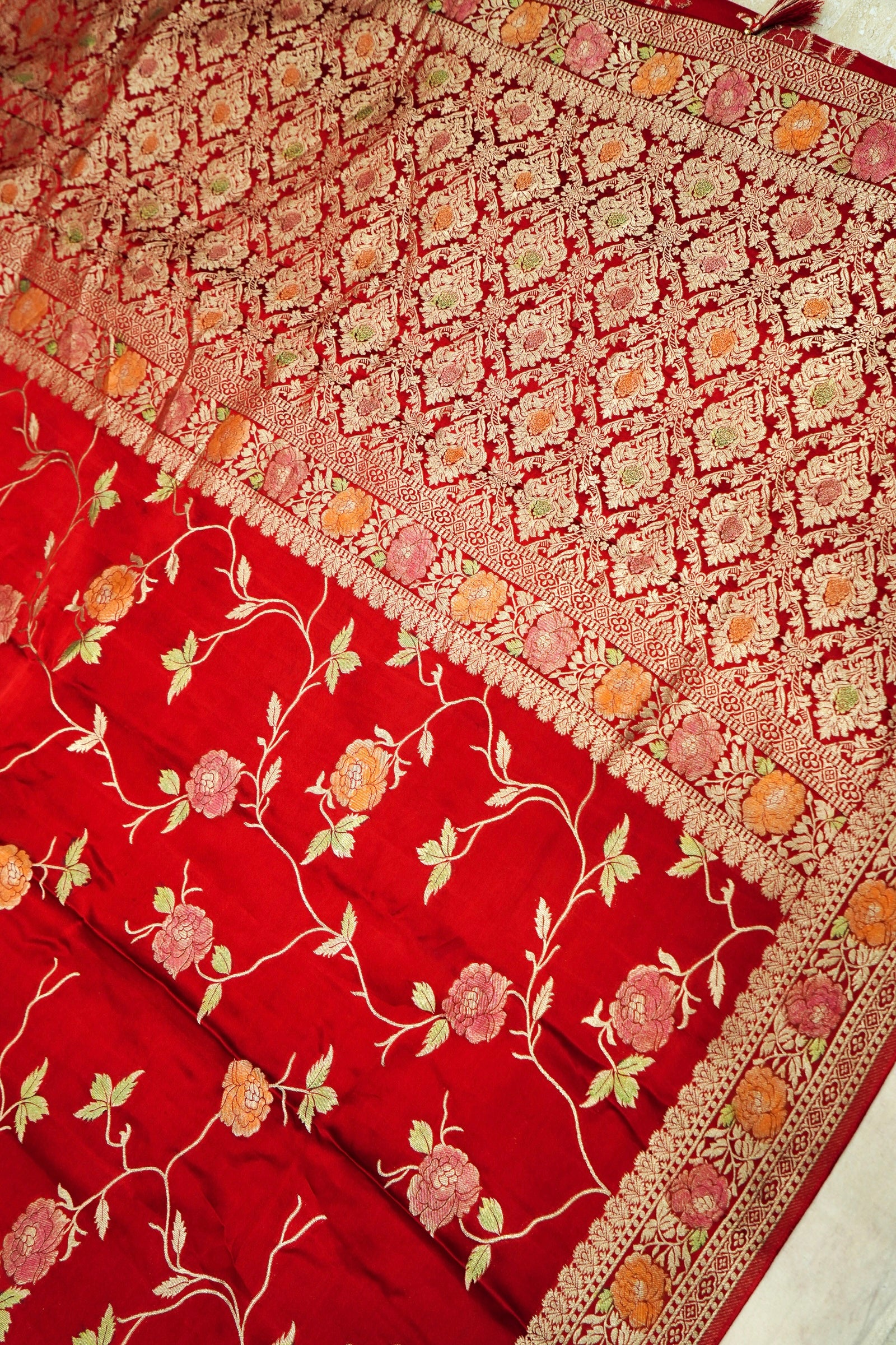 Crimson Red Banarasi Satin Saree with brush work