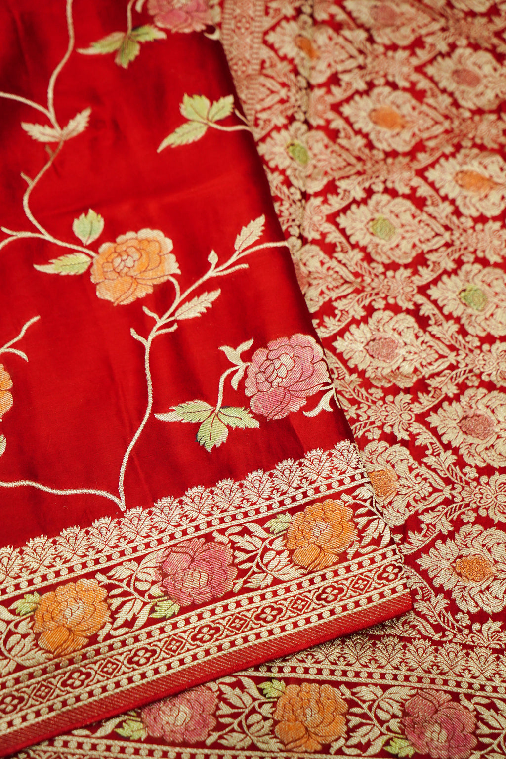 Crimson Red Banarasi Satin Saree with brush work