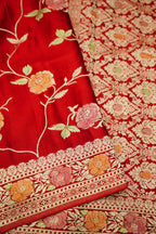 Crimson Red Banarasi Satin Saree with brush work