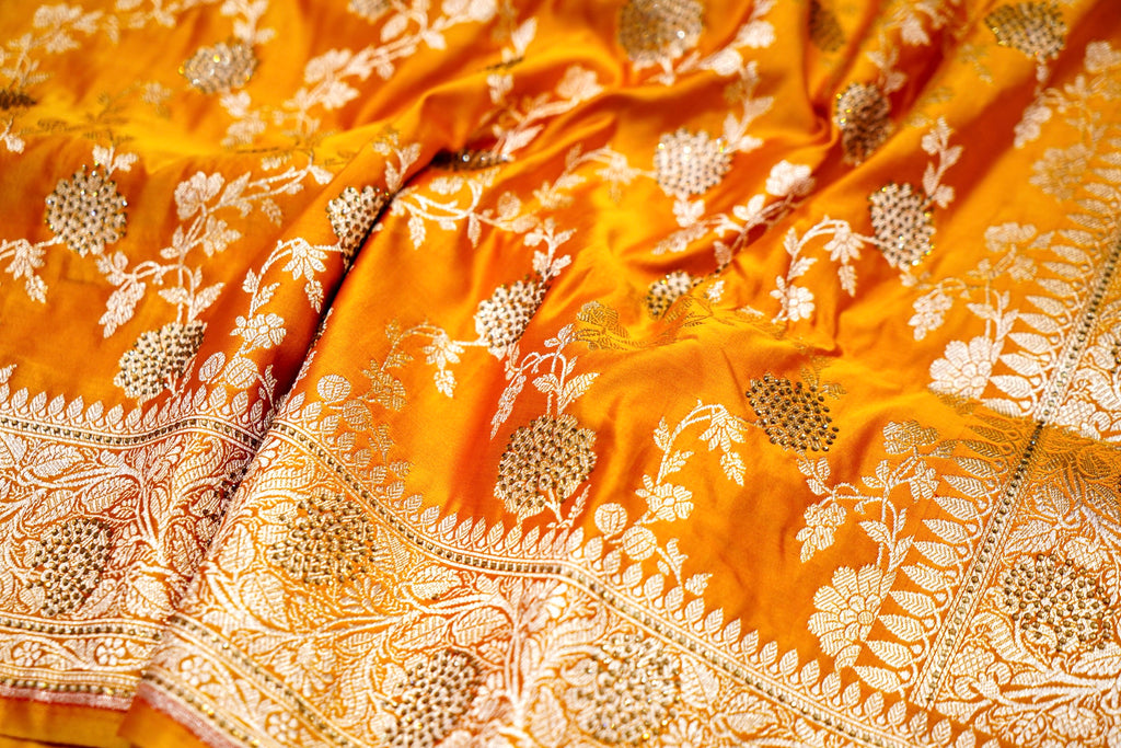 Marigold Yellow Banarasi Semi Katan Silk Saree